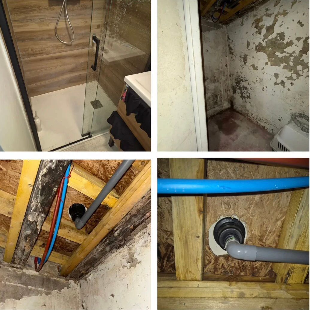 Un collage en quatre panneaux montrant une installation de douche moderne et la plomberie apparente ainsi que les solives de plancher en dessous.