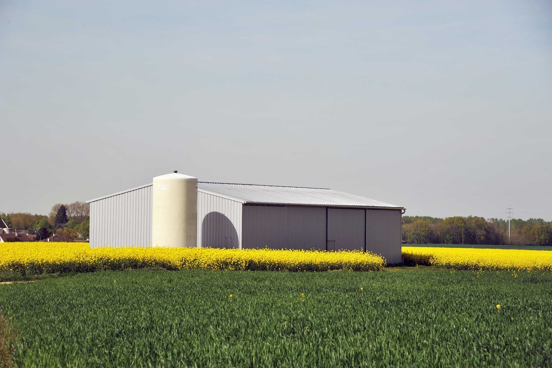 hangar et silo agricole au milieu de champs