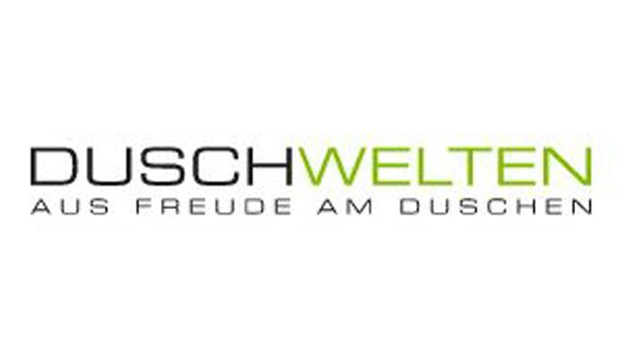 The logo for duschwelten aus freude am duschen is black and green.