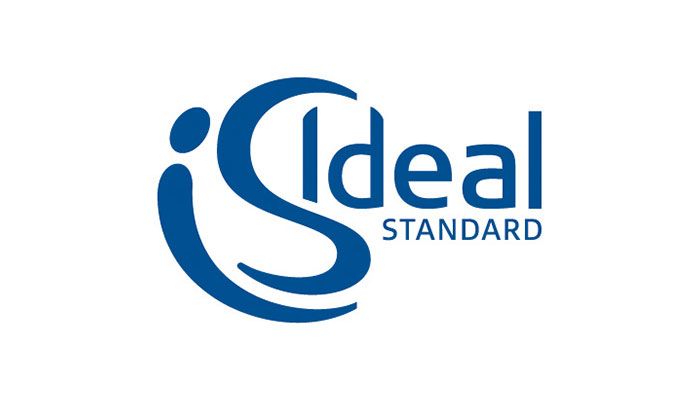 Das Logo von Ideal Standard ist blau und weiß auf weißem Hintergrund.
