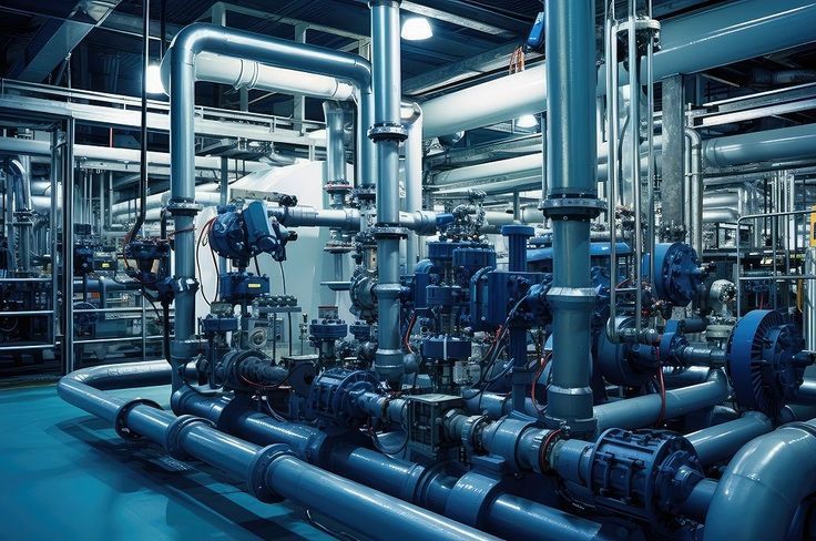 Tuberías y maquinaria azules en un entorno industrial, con muchas válvulas, juntas y accesorios.