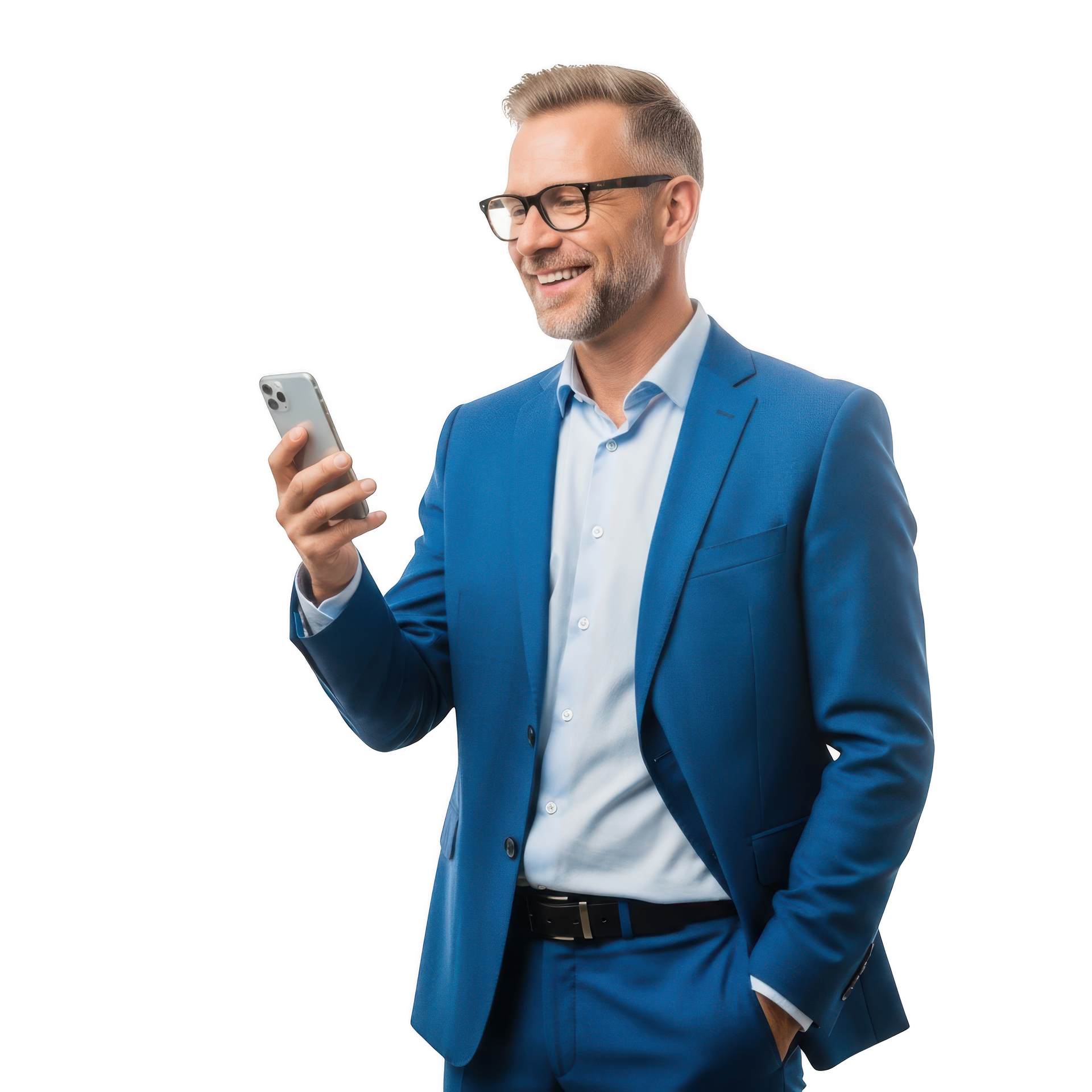 Personne souriante en veste utilisant un smartphone.