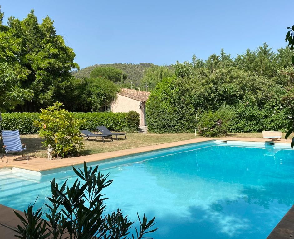 Piscine dans le jardin, chaises longues et végétation luxuriante.