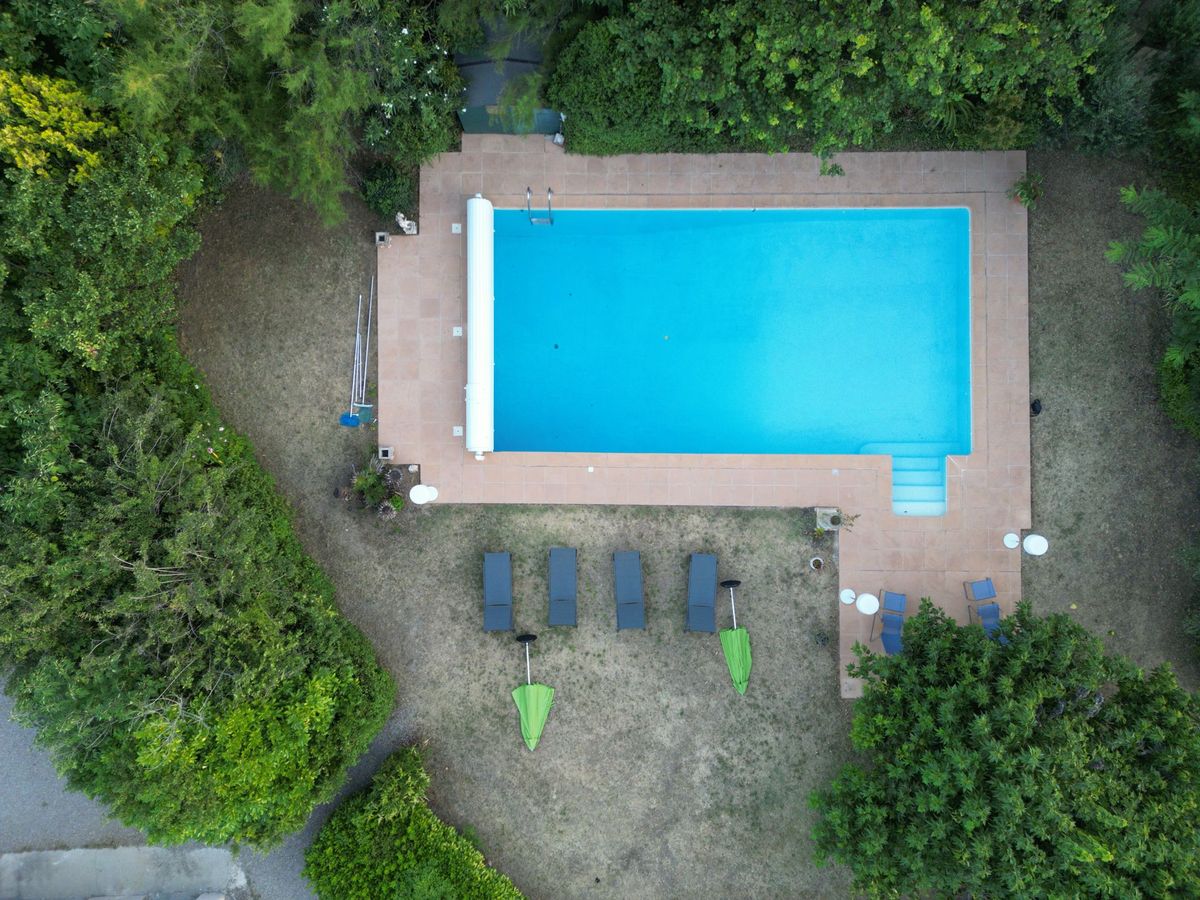 Vue aérienne d'une piscine dans un jardin avec des chaises longues et une dense végétation arborée.