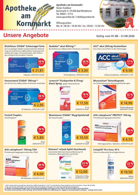 Flyer der Apotheke am Kornmarkt in Bad Windsheim mit Reiseapotheke und Stellenangebot für PTA