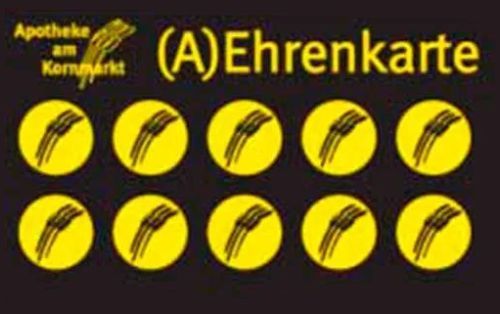 Schwarze Apotheken-Kundenkarte mit gelben Kreisen und dem Text „(A) Ehrekarte“ und „Apotheke am Kompark“