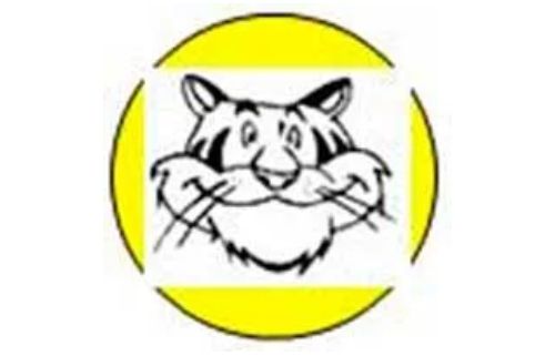 Cartoon-Katzengesicht in einem gelben Kreis auf weißem Hintergrund