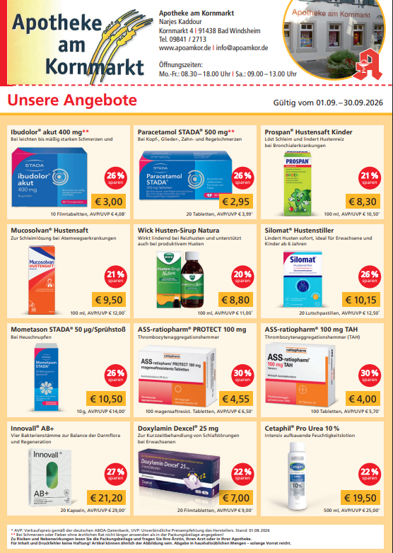 Flyer der Apotheke am Kornmarkt in Bad Windsheim mit Reiseapotheke und Stellenangebot für PTA