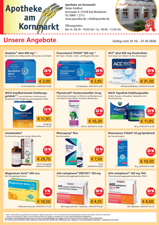 Flyer der Apotheke am Kornmarkt in Bad Windsheim mit Reiseapotheke und Stellenangebot für PTA