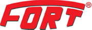 Un logotipo rojo y blanco para un fuerte sobre un fondo blanco.