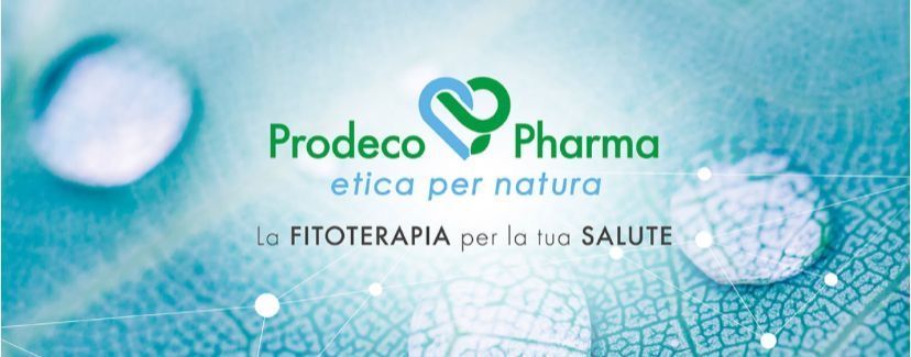 Logotipo de Prodeco Pharma, empresa farmacéutica, con un símbolo en forma de corazón de color azul y verde, sobre un fondo de hojas.