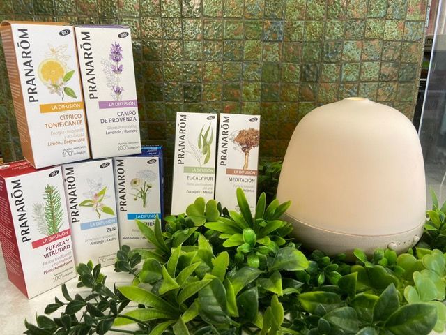 Difusores de aceites esenciales y botellas de aceites esenciales sobre plantas verdes.