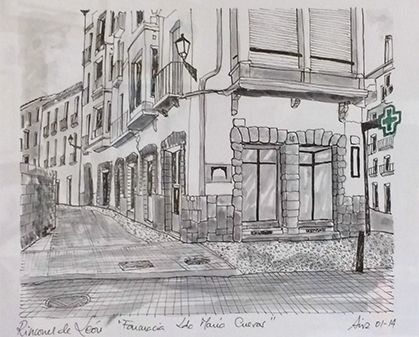 Boceto de una esquina de calle con edificios, un cartel de farmacia y una calle adoquinada.