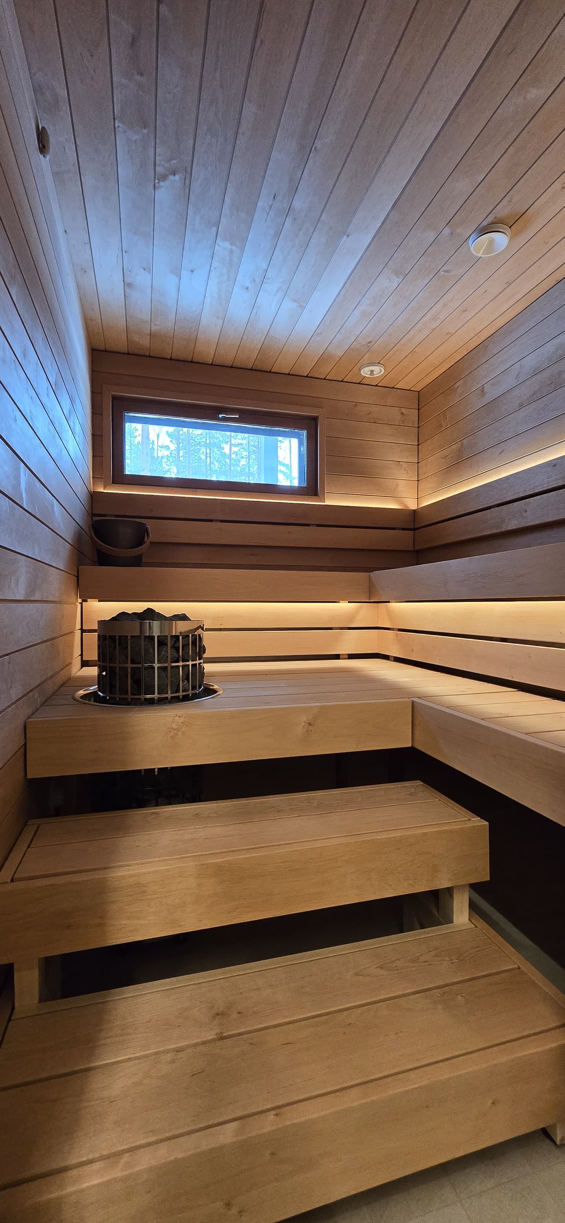 Puupaneloitu sauna, jossa on eritasoiset lauteet ja kiuas pienen ikkunan alla.