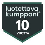 Vihreä merkki, jossa lukee valkoisella ”luotettava kumppani 10 vuotta”.