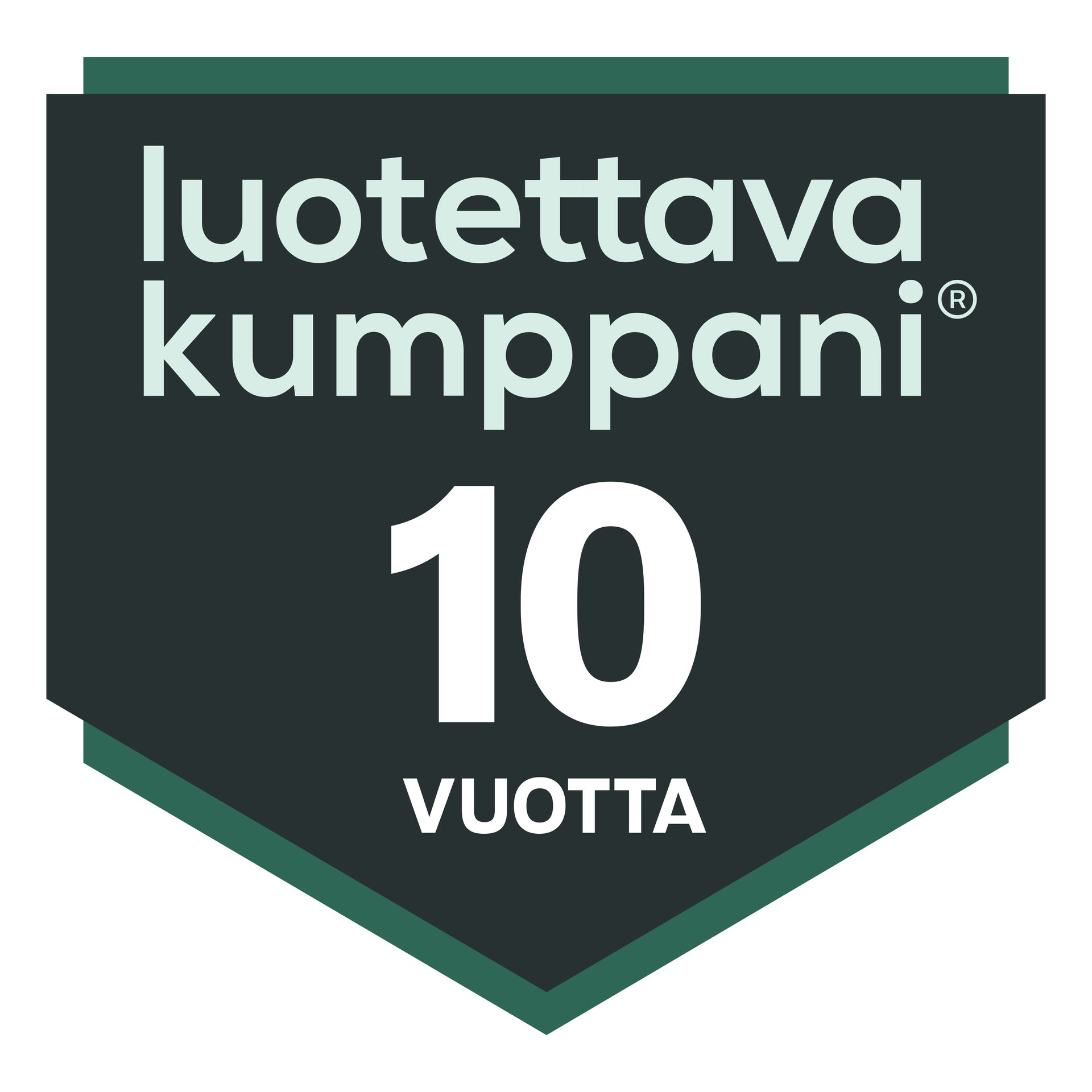 Vihreä merkki, jossa lukee valkoisella ”luotettava kumppani 10 vuotta”.