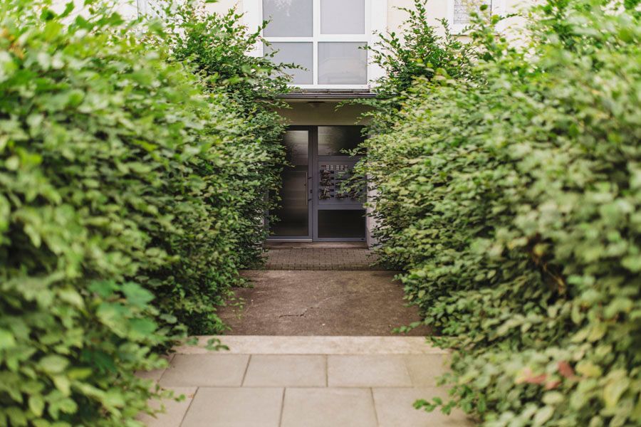 Der Eingang eines Gebäudes ist von Bäumen und Büschen umgeben.