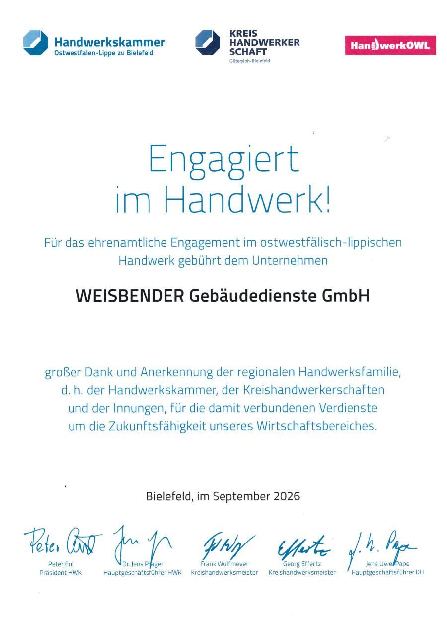 Deutsches Zertifikat für WEISBENDER Gebäudedienste GmbH, „Engagiert im Handwerk!“ mit Logos und Unterschriften.