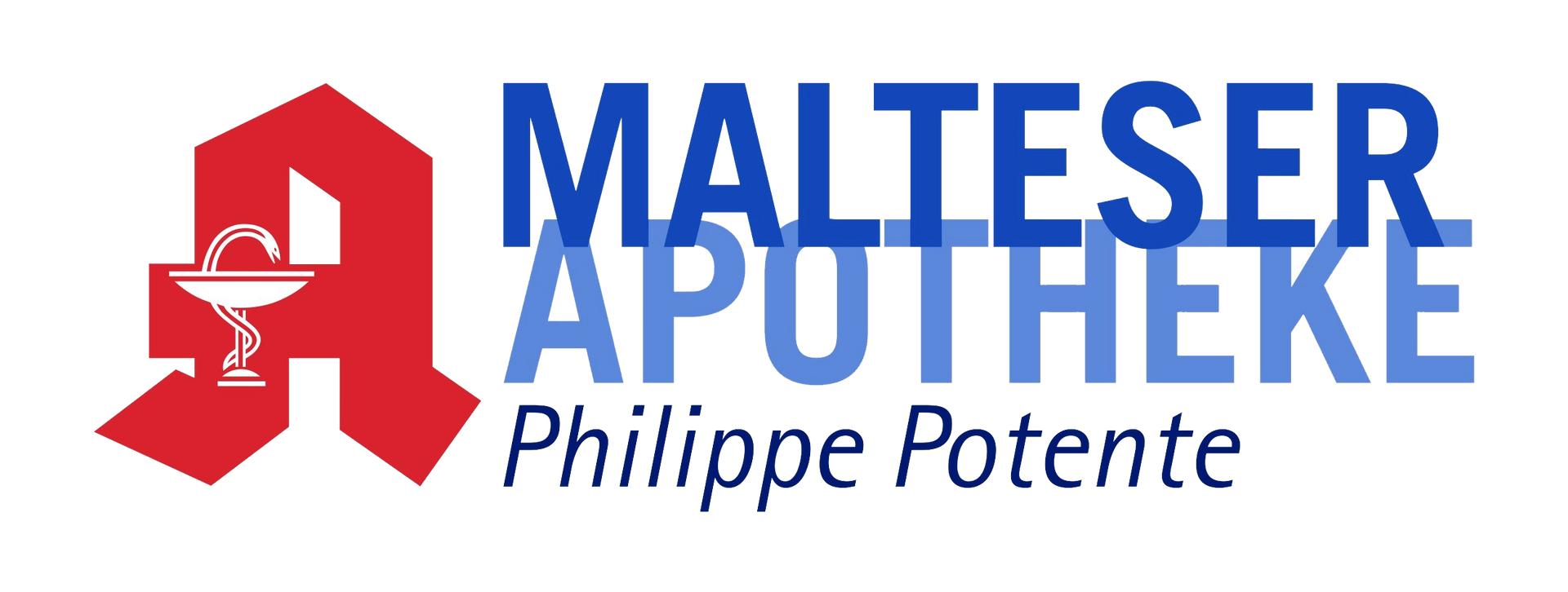 A red and blue logo for malteser apotheke philippe potente