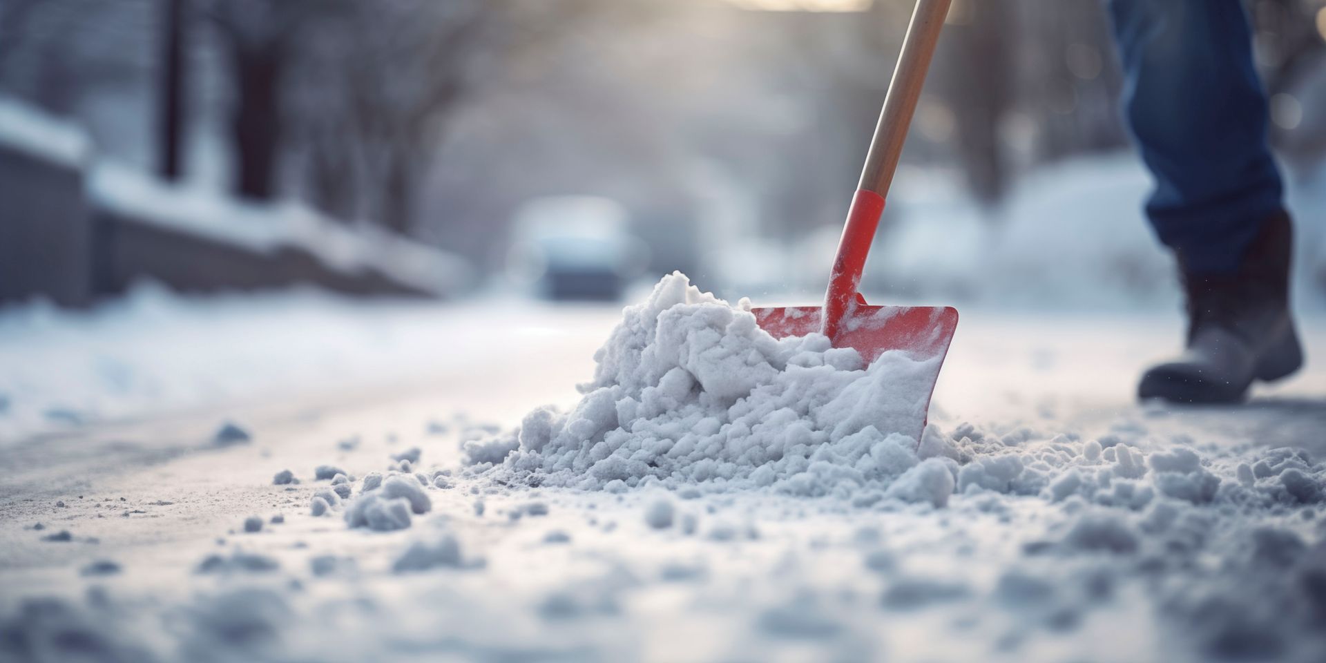 Person schaufelt mit einer roten Schaufel Schnee auf einer schneebedeckten Straße.