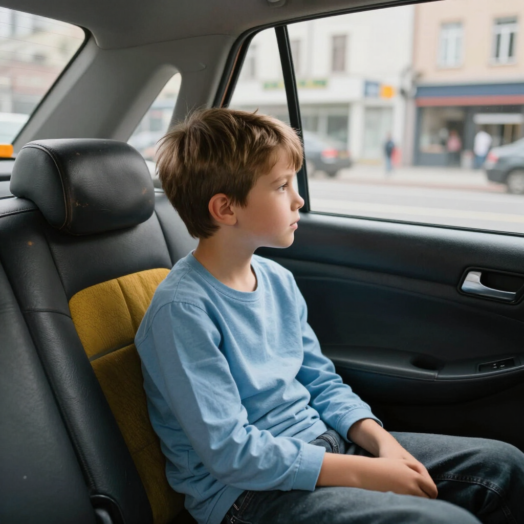 Enfant assis sur le siège arrière d'une voiture, regardant par la fenêtre