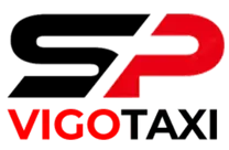 Un logotipo negro y rojo para taxi vigo sobre un fondo blanco.