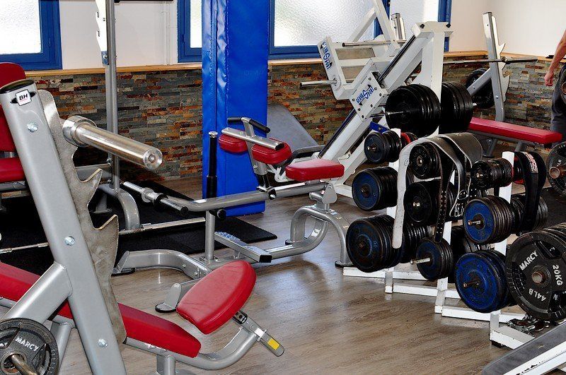 Présentation de quelques-unes des machines de musculation de la salle, notamment celles nécessitant les haltères rangées