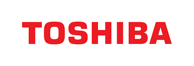 Logo Toshiba en rouge sur fond blanc.