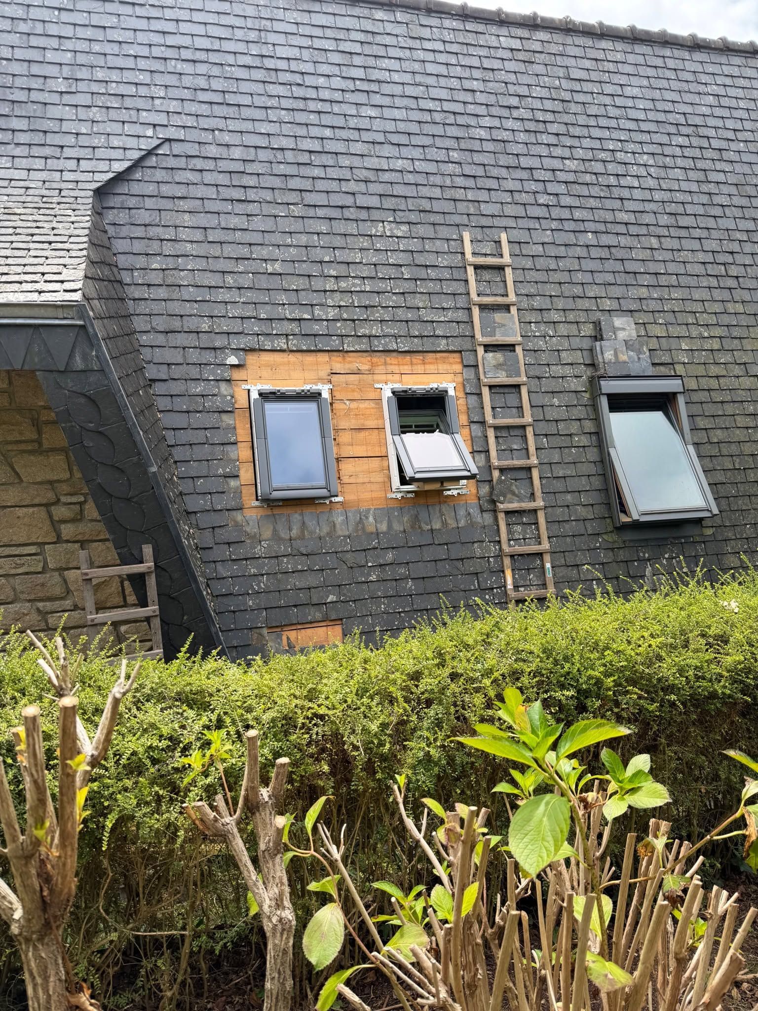 Mur d'une maison en pierre avec deux petites fenêtres et une échelle adossée au toit.