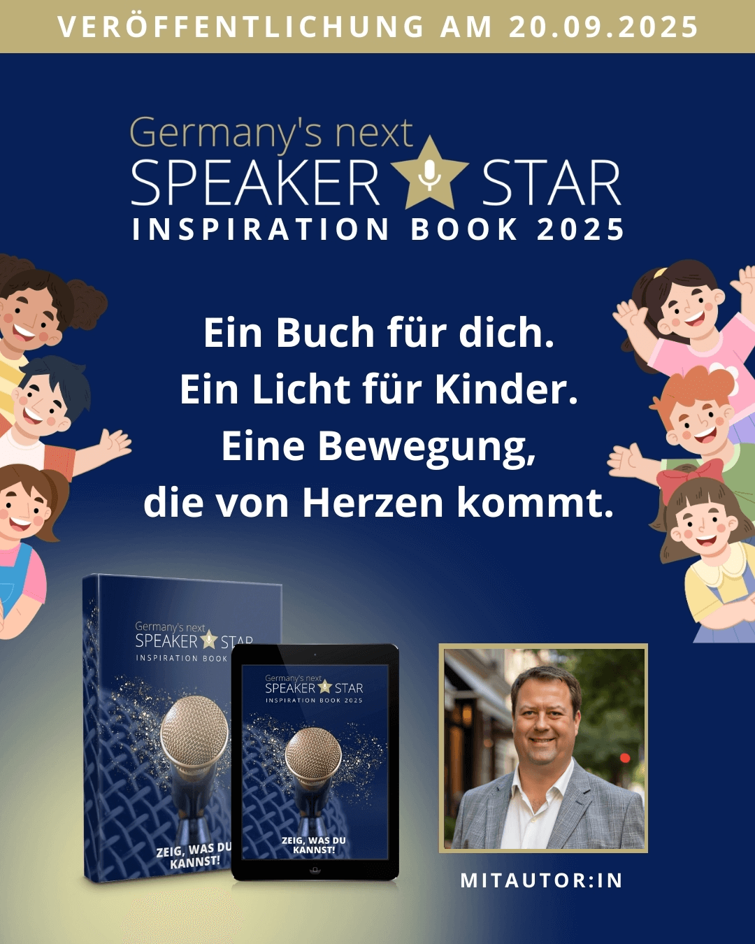 Buchcover-Werbung für „Germany’s next Speaker Star“. Text: „Ein Buch für dich, ein Licht für Kinder“, Erscheinungstermin: 20. September 2025.