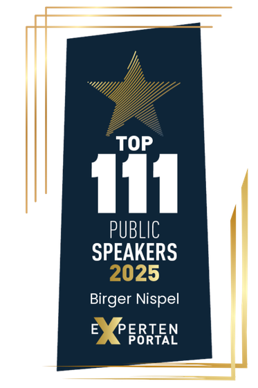 Logo: Auszeichnung „Top 111 Public Speakers 2025“. Dunkelblauer Hintergrund mit goldenem Stern und Akzenten. Birger Nispel.
