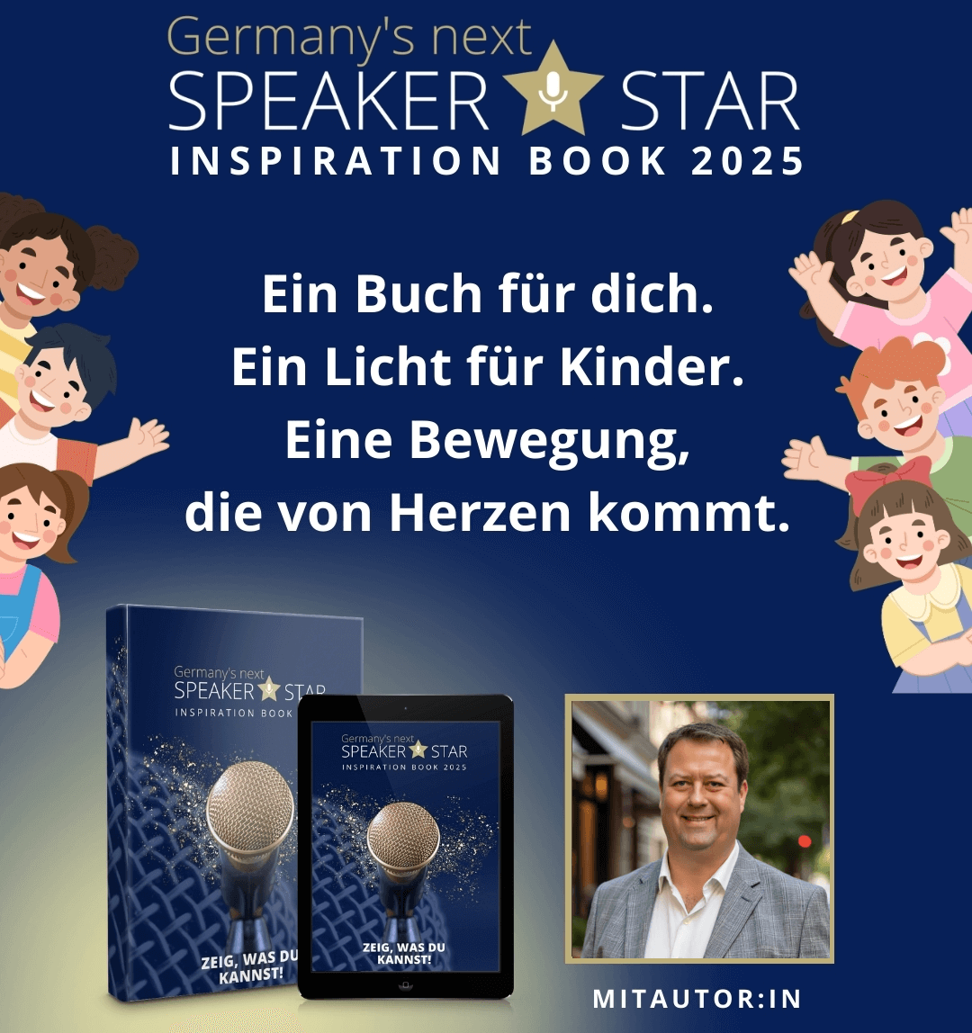 Buchcover-Werbung für „Germany’s next Speaker Star“. Text: „Ein Buch für dich, ein Licht für Kinder“, Erscheinungstermin: 20. September 2025.