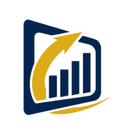 Ein blau-gelbes Logo mit einer Grafik und einem Pfeil.