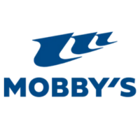 Logo für Mobby's, mit dem Namen in dunkelblauer Schrift unter einem blauen stilisierten Wellendesign.