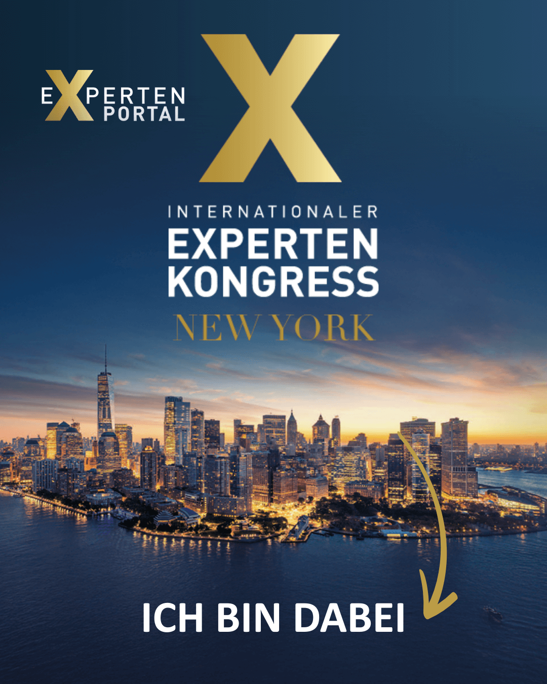 Plakat für den „Internationalen Experten Kongress“ in New York mit der Skyline der Stadt und einem goldenen „X“.