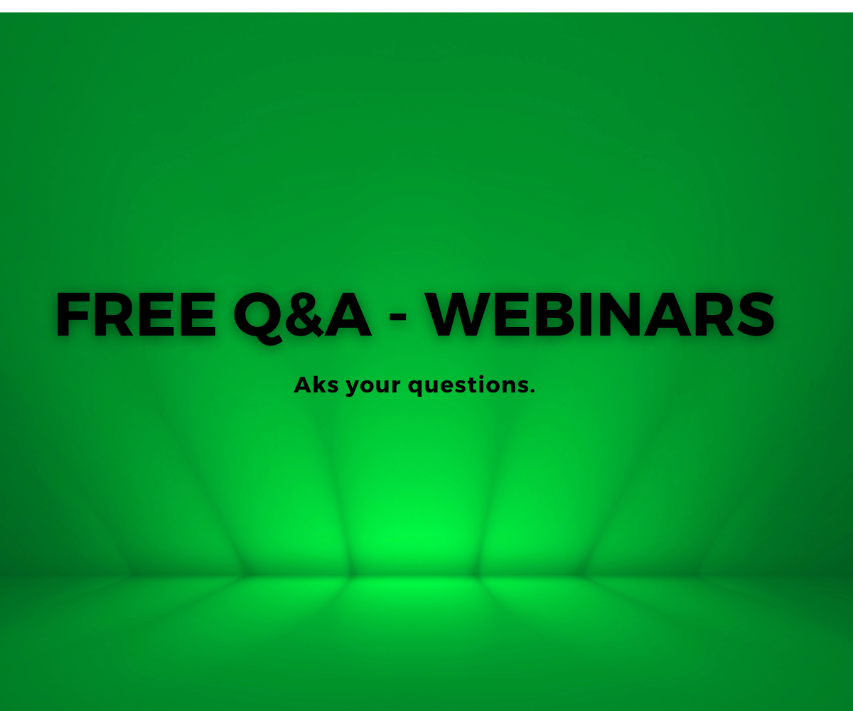 Ein grüner Hintergrund mit den Worten „Kostenlose Q & A - Webinare stellen Sie Ihre Fragen“