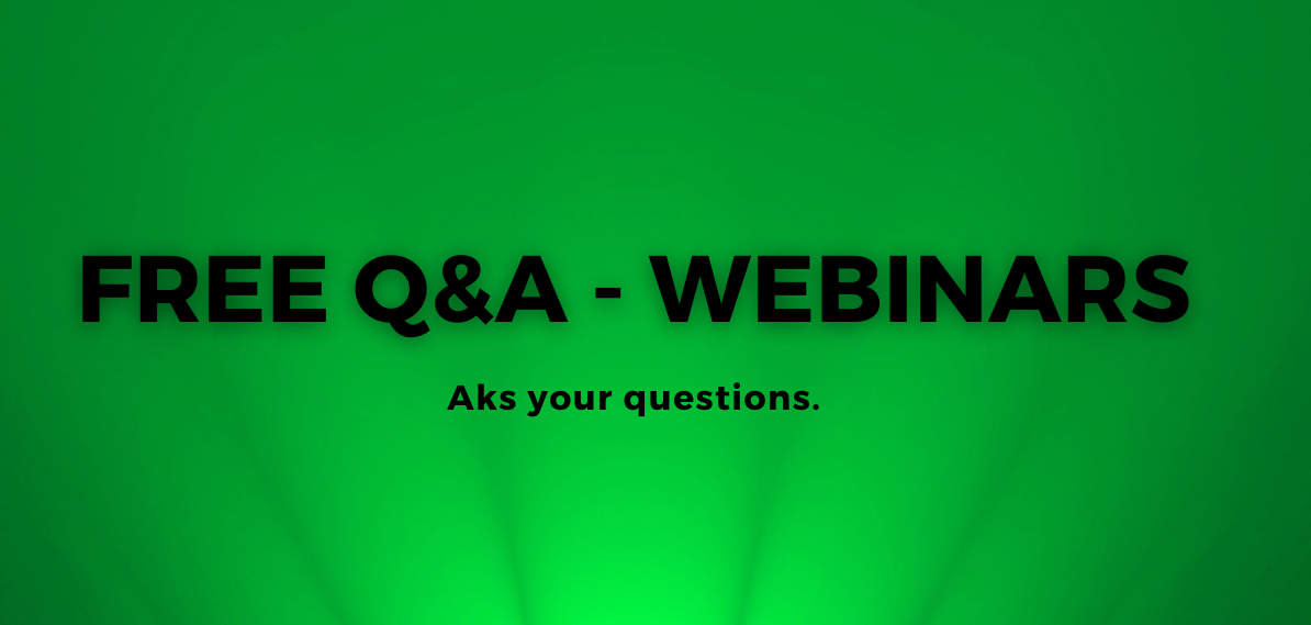 Ein grüner Hintergrund mit den Worten „kostenlose Q & A-Webinare“ darauf