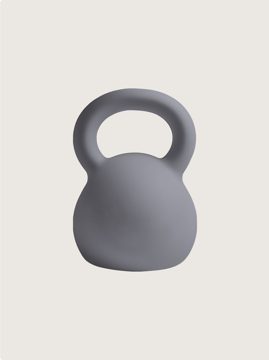 Eine graue Kettlebell mit Griff auf weißem Hintergrund.