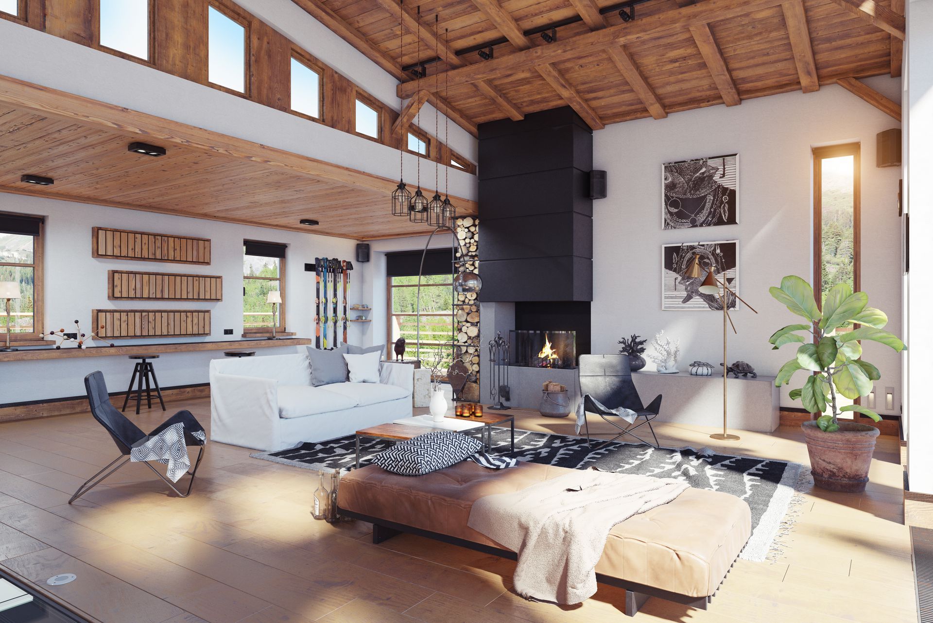 Intérieur d'un chalet moderne.