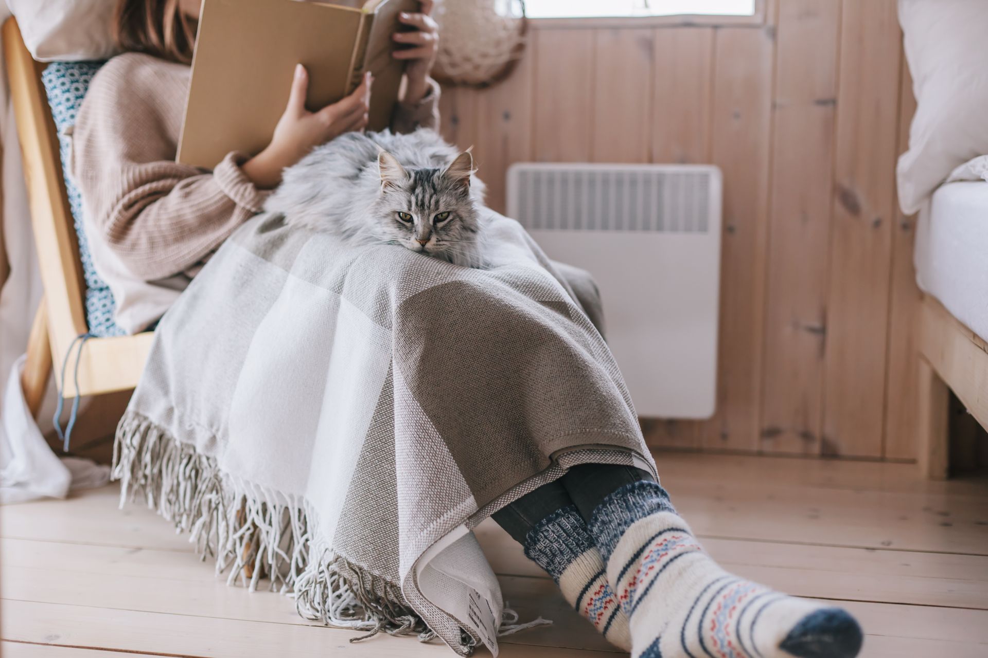 Jeune femme profitant d'un après-midi lecture avec un plaid et son chat gris.