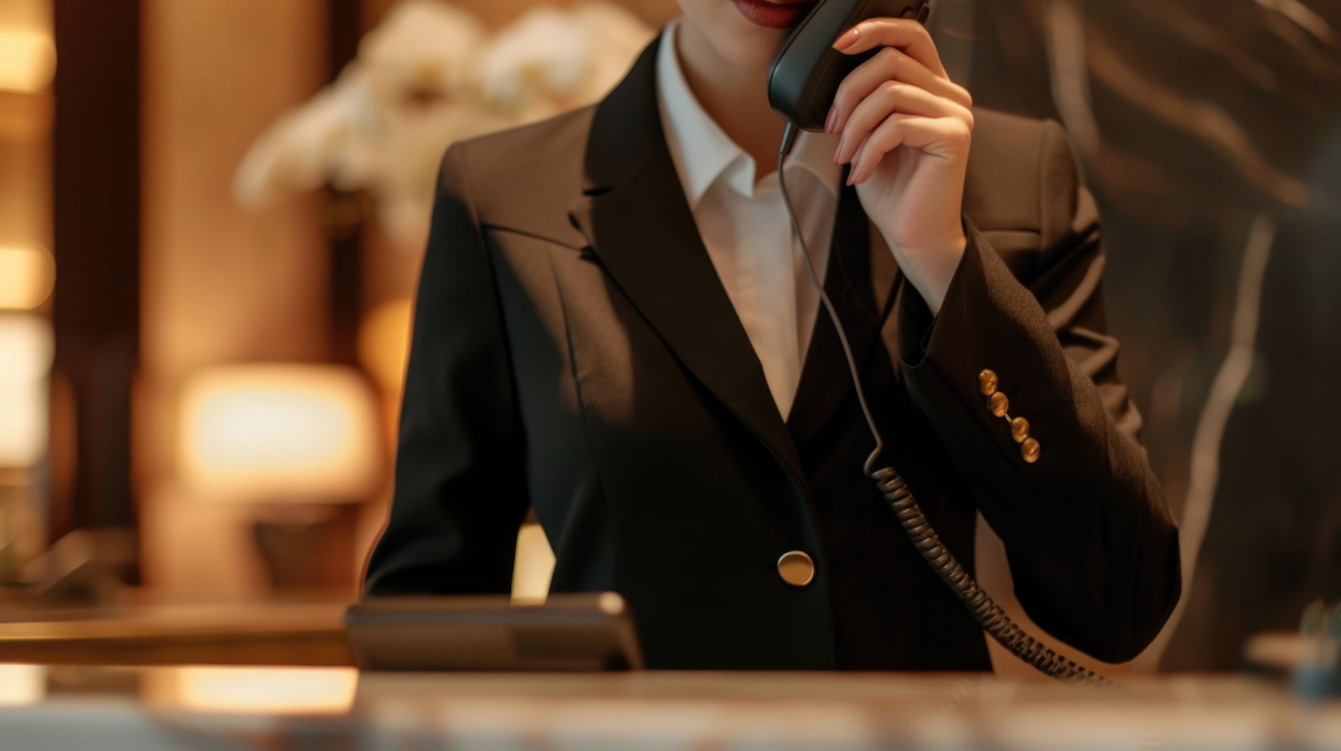 Une femme en costume parle au téléphone dans un hôtel.