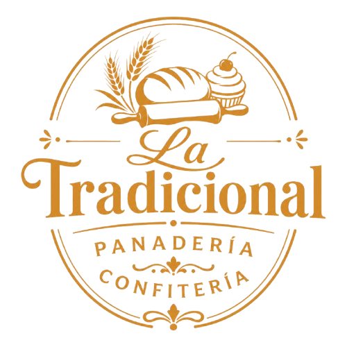 Logotipo dorado de la panader&iacute;a con la inscripci&oacute;n &ldquo;La Tradicional Panader&iacute;a Confiter&iacute;a&rdquo; e iconos de pan, trigo y pasteler&iacute;a.