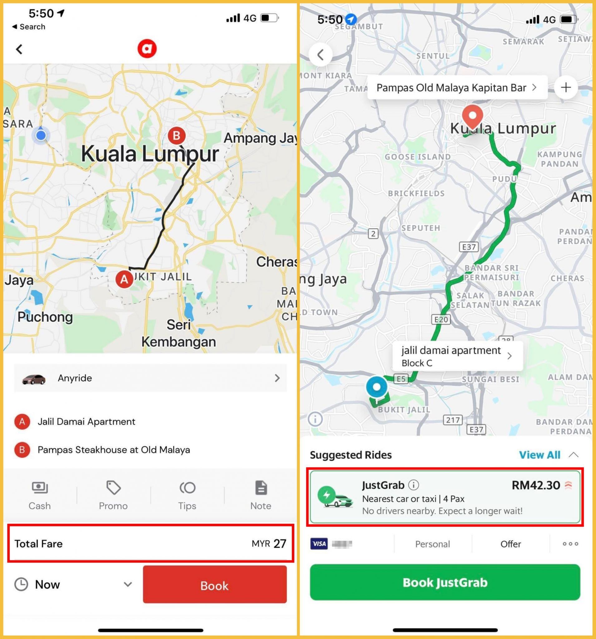 Compare Grab and AirAsia Ride in Kuala Lumpur's e-hailing scene. Grab drivers vs. AirAsia drivers.