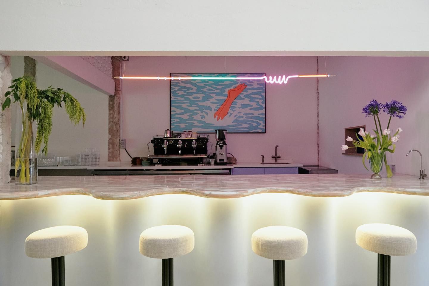 Kantata cafe interior at Zhongshan Building KL — one of Kuala Lumpur's best hidden cafes with retro bar counter and neon lighting