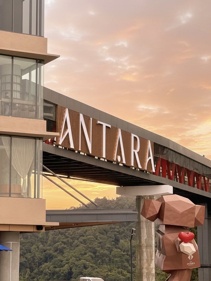 ANTARA sign on the covered link bridge at sunset, Genting Highlands