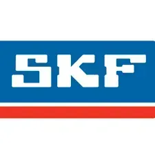 Logotipo da SKF: texto branco em retângulo azul sobre uma barra vermelha.
