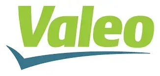 Logotipo da Valeo com texto verde e um símbolo de visto azul-petróleo.