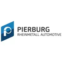 Logotipo da Pierburg, uma empresa da Rheinmetall Automotive. Cores azul e branca. Texto e forma abstrata.