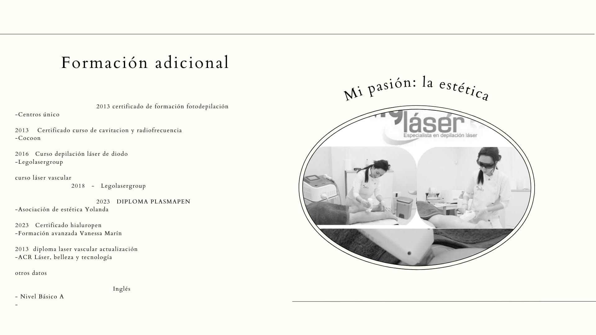 Folleto de “Formación adicional” con lista de cursos y foto circular de aula en blanco y negro