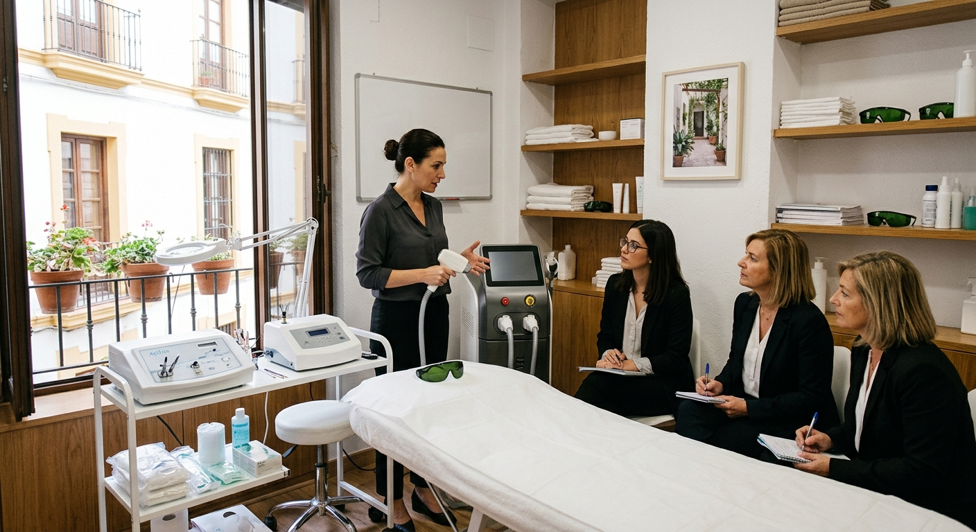 Consulta en una clínica de belleza con cuatro mujeres alrededor de una camilla de tratamiento y equipos para el cuidado de la piel.
